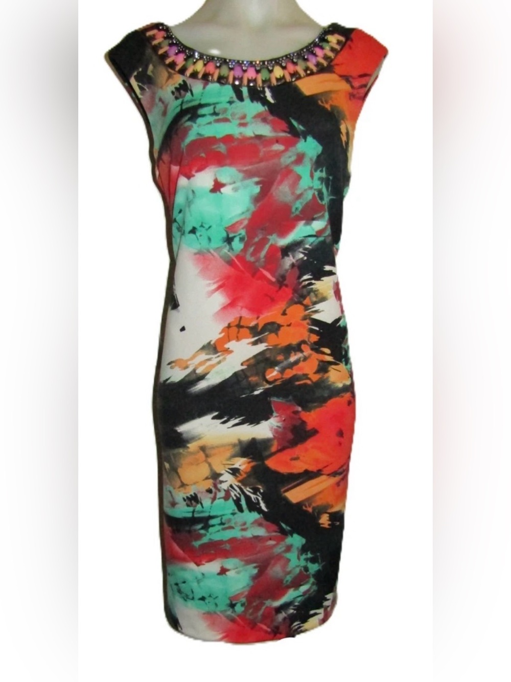 Frank Lyman Design Multicolor Abstract Midi Dress with Embellished Neckline